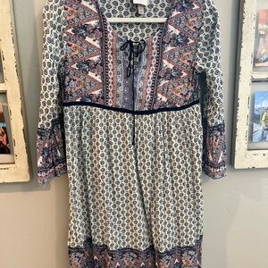 Bohemian Print Dress in Blue and Cream